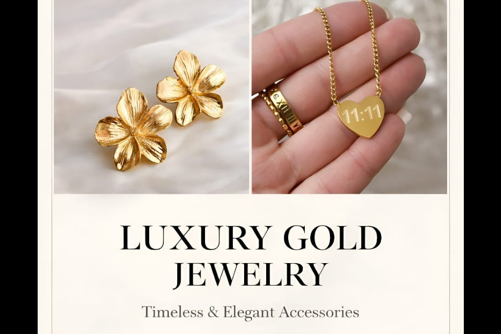 Collage of gold jewelry including earrings, rings, and a necklace on a white background.